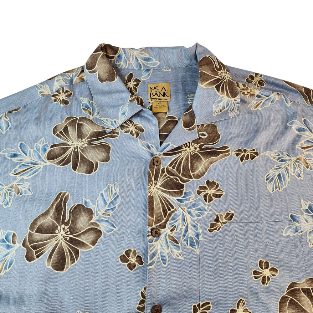 100% Silk Button Up Shirt Mens 2XL Blue Floral Tropical Wooden Button Jos A Bank